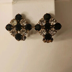 Black and Clear Rhinestone Diamond Shape Clip On Stud Earrings